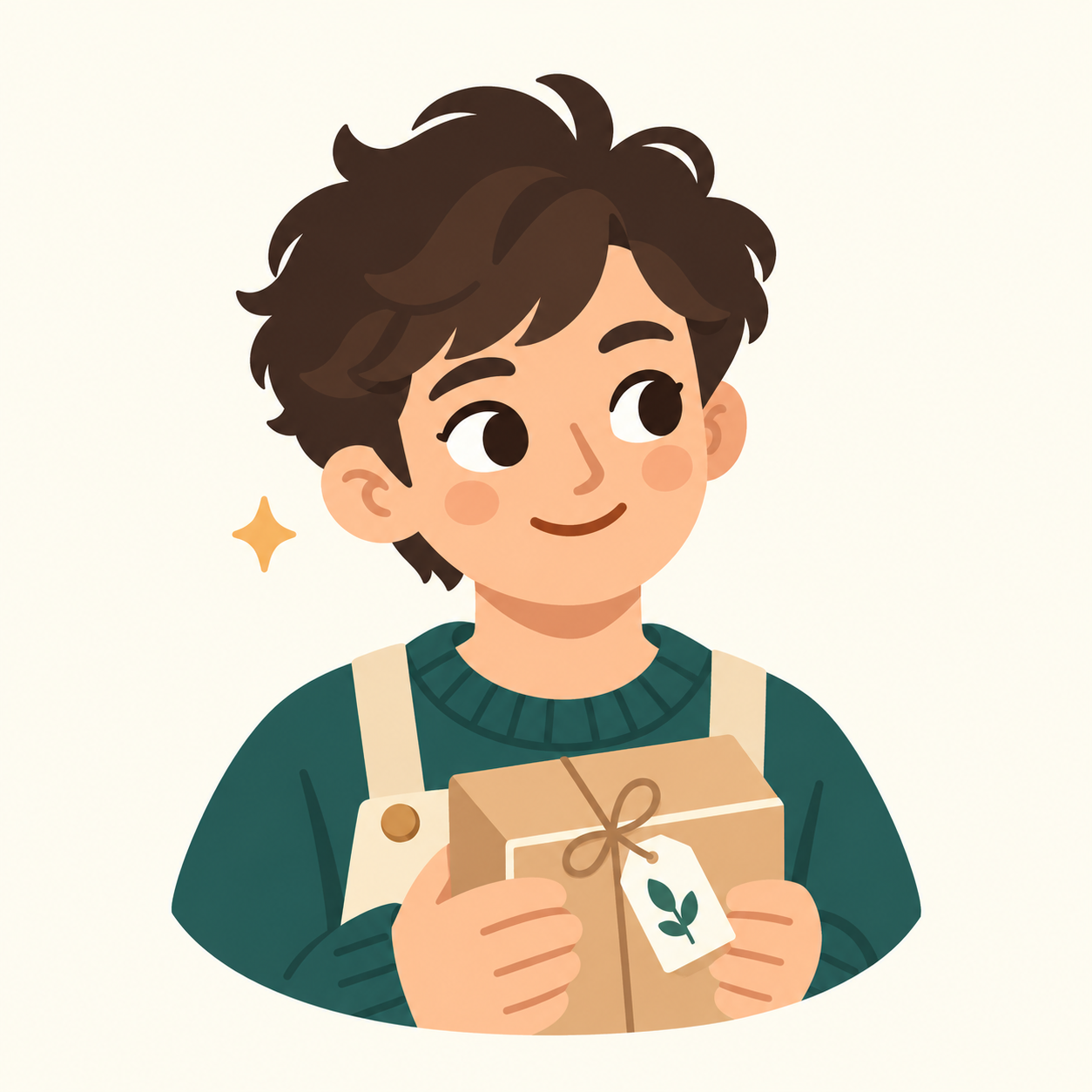 A friendly illustrated character in a green sweater, holding a carefully wrapped gift.